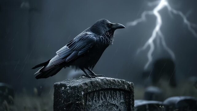 Raven perched on a tombstone in a dark cemetery during a storm