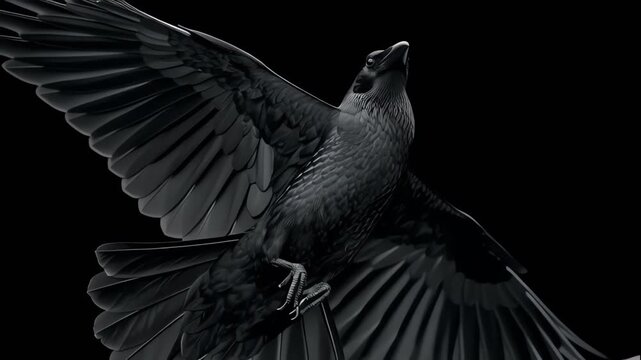 Cinematic Black Raven Flying Isolated on Black Background