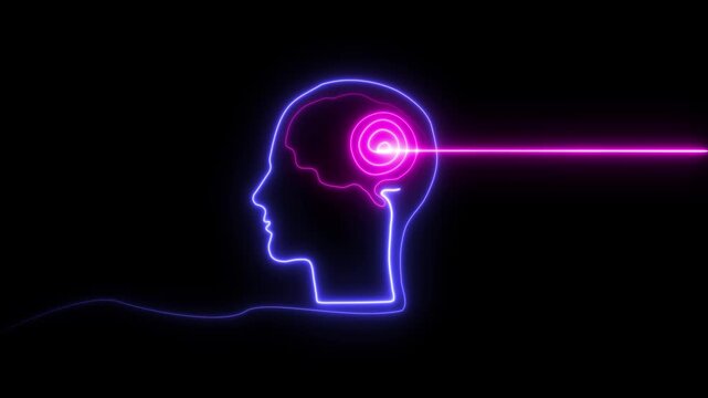 Glowing neon human head with radiant blue and pink light waves pulsing through brain against black background futuristic concept