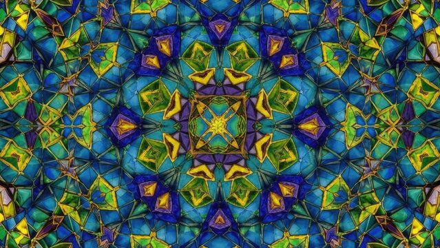A vibrant and colorful abstract kaleidoscope pattern with geometric shapes
