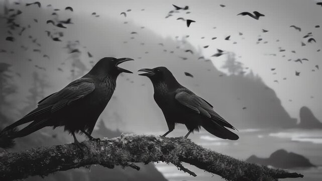 Cinematic Black and White Ravens Cawing on a Branch by the Sea