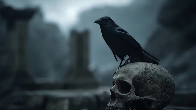 Black Raven Resting on a Human Skull among Dark Ruins