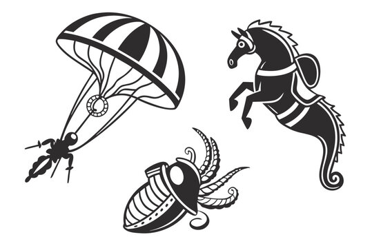Black and white of adventure and animals parachute horse beetle