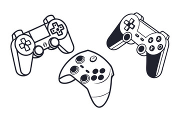 Three game controllers in black and white gamepads gaming © dada