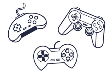 Three game controllers in outline style gamepads gaming © dada