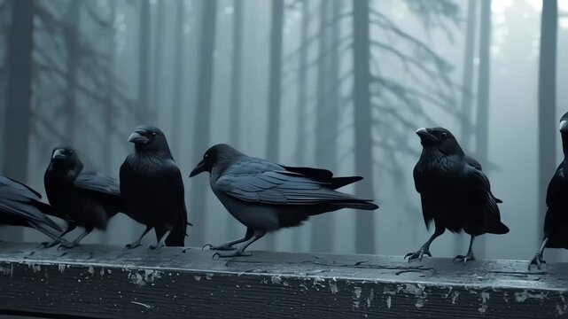 Crows Perched on a Railing in a Foggy Dark Forest