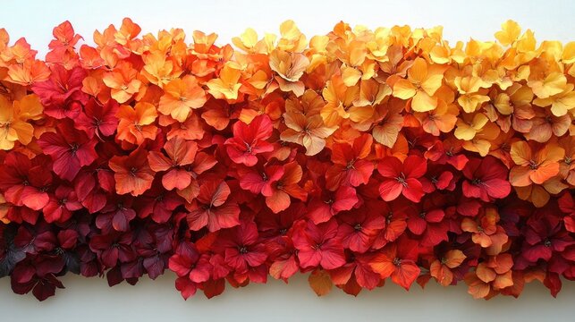 Gradient of orange and red hydrangea flowers on a white background. Perfect for seasonal designs or for adding floral warmth to projects.