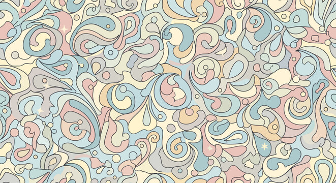 Whimsical and intricate seamless pattern featuring abstract organic shapes in a soothing pastel color palette.