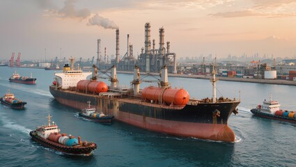 Obraz premium tanker ship near industrial refinery, global energy transportation, oil and gas industry concept