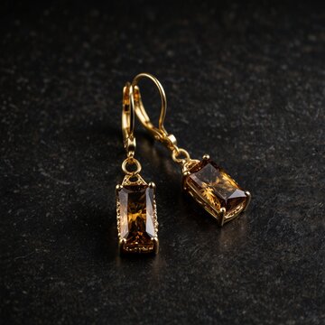Princess cut andalusite gemstone on gold earrings on plain black background