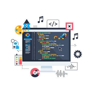 Creative Coding and Digital Art Concept: Computer Screen with Code, Music Notes, Palette