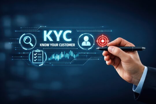 KYC Verification: A close-up shot of a hand meticulously interacting with an illustrative Know Your Customer (KYC) graphic, symbolizing regulatory compliance and the modern digital business landscape.