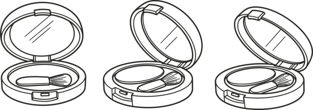 Line art illustration of an open compact makeup case with a mirror, containing a makeup pan and a small applicator brush, shown from three slightly different angles.