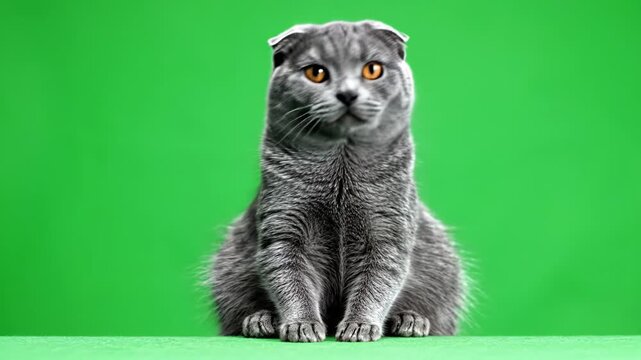 Scottish Fold cat gray fur sitting green background with alert expression, yellow eyes, whiskers, short hair, relaxed mood, adorable calm domestic pet, indoor cute animal, front view, isolated studio