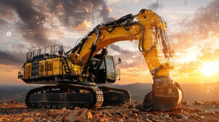 Heavy excavator at sunset with digital interface and technological design elements on construction site landscape