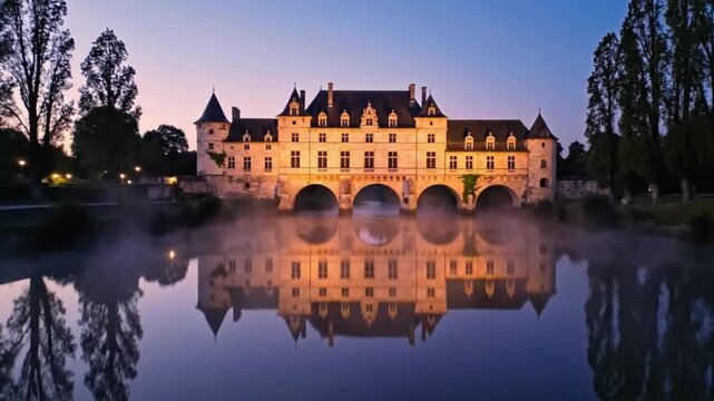 Chateau de chenonceau at dawn with fog over cher river scenic view in loire valley france