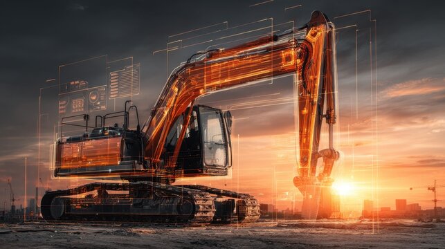Modern Excavator Machine with Futuristic Technology Overlay at Sunset on Construction Site