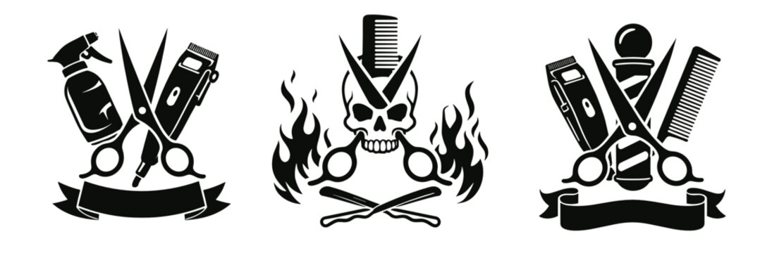 Black barber icon set with spray bottle, clippers, comb, scissors, ribbon badge and flaming skull motif. Edgy salon collection for logos, tattoo style labels and branding.