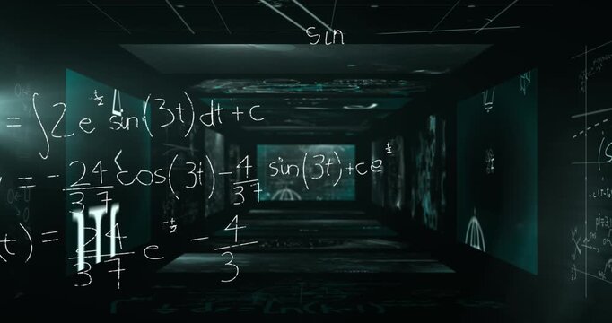 Animation of mathematical equations over black background