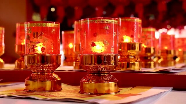 Lanterns on the temple altar for Moon Goddess Worship during the Mid-Autumn festival and Qixi festival. Chinese sacrificial ceremonies for traditional festivals and holy days.