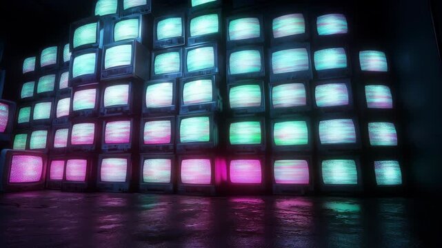 Wall of stacked vintage CRT televisions displaying colorful glitch art and static