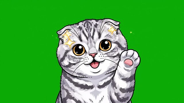 Cute cat cartoon with gray fur, big sparkling eyes, happy playful mood, green background, adorable pet animal, expressive whiskers, cheerful Scottish Fold, digital illustration, isolated vector art