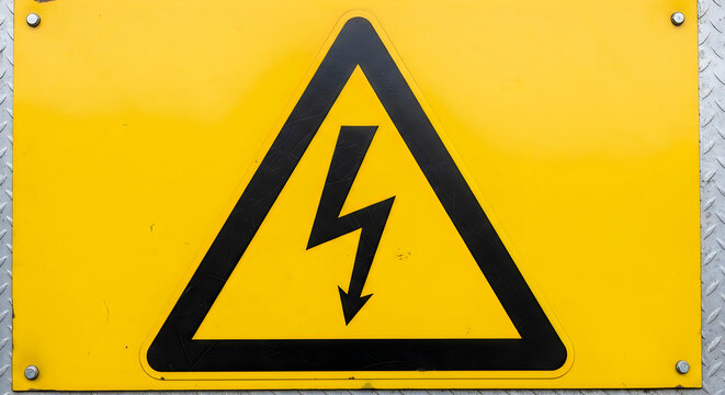 A yellow warning sign with a black lightning bolt