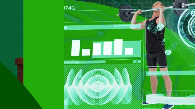 Animation of data processing over caucasian male strongman