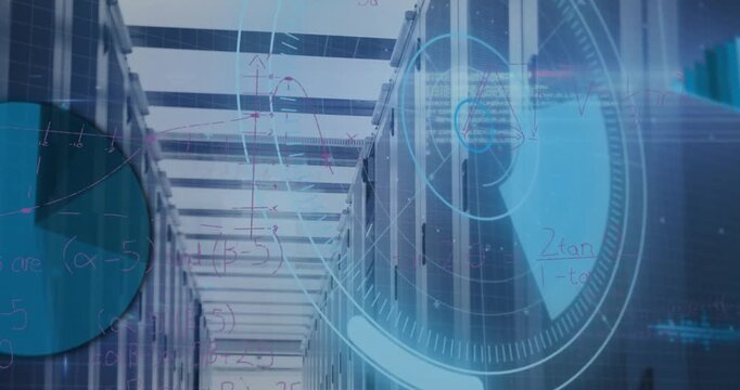 Animation of scope scanning and data processing over tech room with computer servers