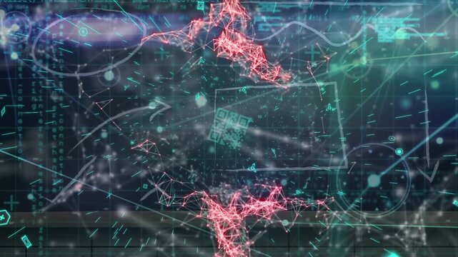 Animation of qr code and network of connections over data processing on black background
