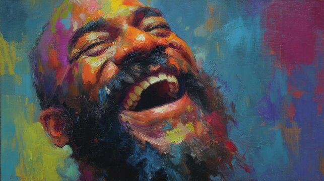 Joyful expression of a man with a beard laughing heartily against a vibrant abstract background of colors and textures