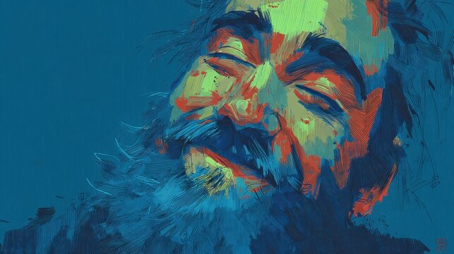 Vibrant Artistic Portrait of a Smiling Man with Beard in Colorful Brush Strokes and Abstract Patterns