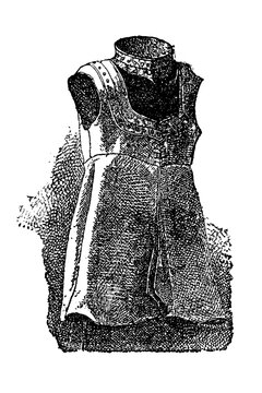 Historical kamzol with iron collar (железный воротник) and sleeveless design, traditional medieval armor chest piece with detailed textures and studded elements, old vintage illustration, 1895.