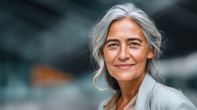 Confident mature woman with long gray hair smiling warmly in a modern urban setting, showcasing beauty and resilience