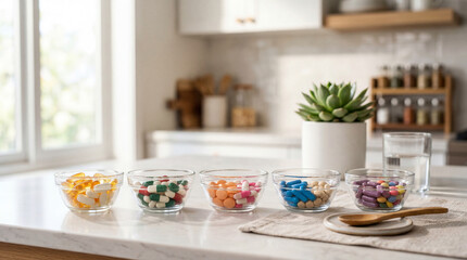 Fototapeta premium Colorful assortment of vitamins and supplements in glass bowls arranged on a kitchen countertop with a succulent plant and water glass in the background