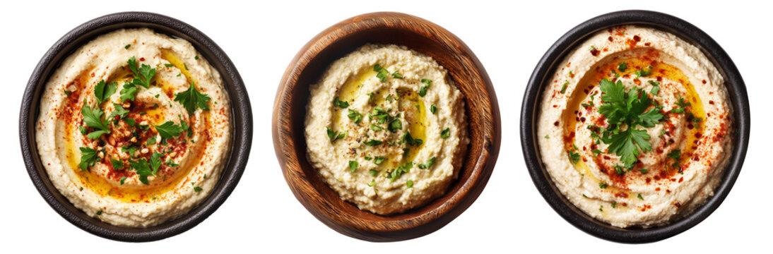 Set of Mutabbal creamy baba ganoush roasted eggplant puree with tahini and lemon garnished with parsley and olive oil on white