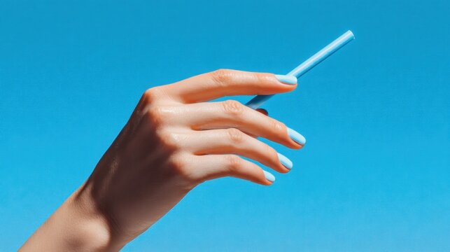 Elegant Female Hand with Light Blue Nail Polish Holding a Slim Stick Against a Vibrant Blue Sky Background