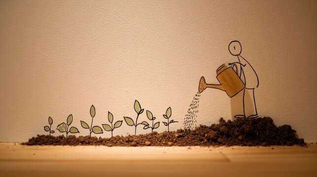 Illustration of a stick figure watering plants with a watering can on a minimalistic background in a cozy indoor setting