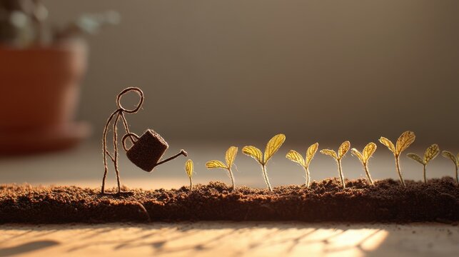 Person using watering can to nurture small plants in soil, symbolizing growth, sustainability, and care in gardening practice