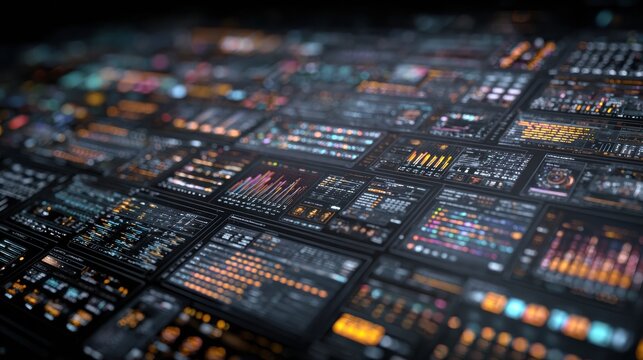 Visualization of an AI Knowledge System Shown as a Grid of Data Panels Captured With a 70mm Lens at F2.8 Aperture