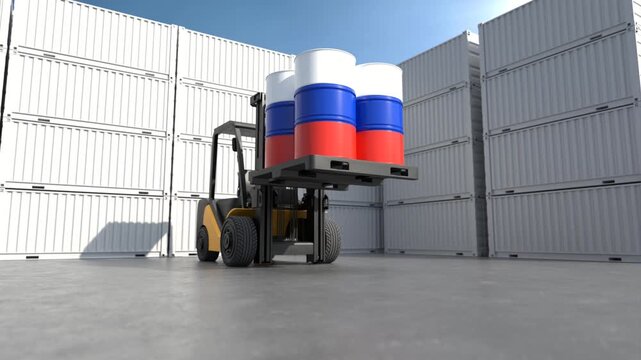 Forklift transporting Russia oil barrels at cargo container terminal. 3D Render