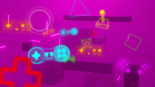 Animation of scanner, colourful video game controllers and icons over blocks on pink