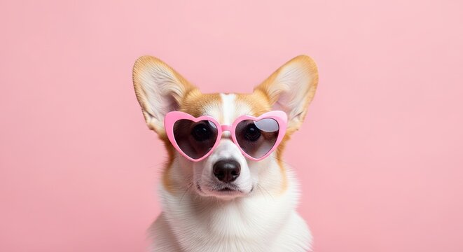 Adorable corgi wearing pink heart shaped sunglasses on pastel background