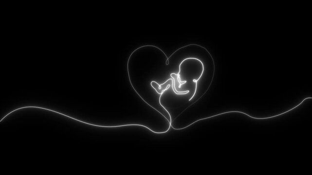 Neon Heart Outline of a Fetus in Womb Motherly Love Concept Black Background pregnancy
