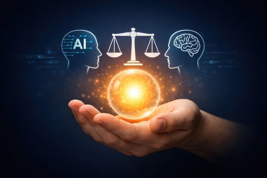 AI and Intellect: An artistic rendering unveils a hand cradling a luminous orb between two heads, one representing artificial intelligence and the other human intelligence, all beneath a scale.