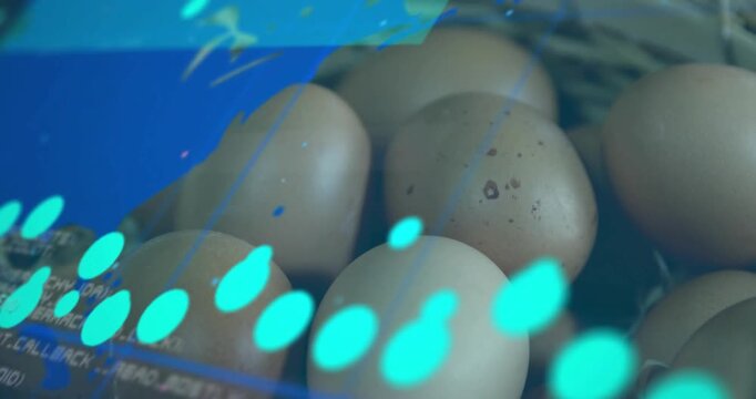 Starting with close-up, dots drifting across eggs with overlays visualizing global data updating