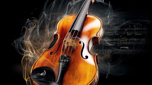 Violin with music notes in the background creating a sense of sound and movement during a performance at night