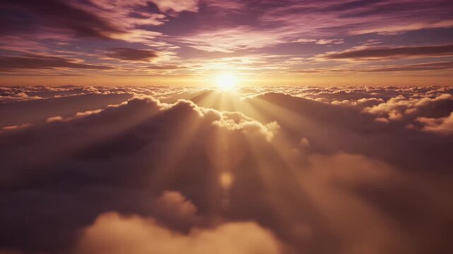 Sunbeams pierce through a sea of clouds at sunset, painted with purple hues