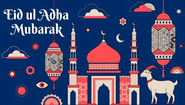 Eid ul Adha Mubarak Greeting Card With Mosque, Lanterns and Sacrificial Goat Illustration