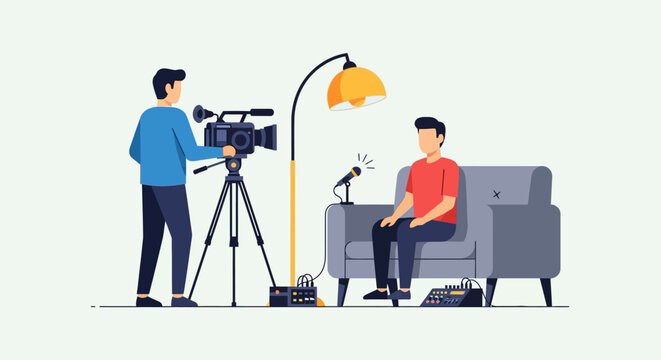 Filmmaker filming interview with man sitting on sofa, professional video production setup